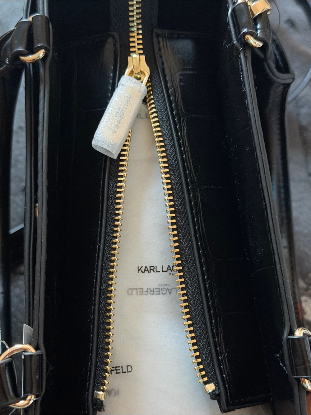 Karl Lagerfeld Black Croc-Embossed Satchel with Gold Charm - Picture 9 of 14